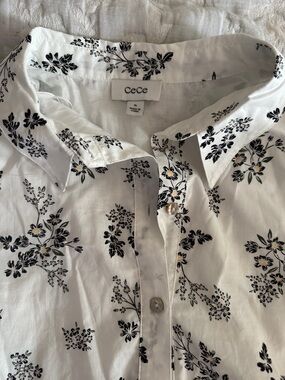 CeCe White Blouse with Black Floral Print and Yellow Accents